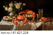 Seafood, crabs on a plate. Стоковое AI-изображение, AI-художник Кирилл Черезов / Фотобанк Лори