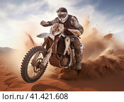 Motorcyclist jumping with a motorcycle in the mud. Стоковое AI-изображение, AI-художник Кирилл Черезов / Фотобанк Лори