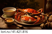Seafood, crabs on a plate. Стоковое AI-изображение, AI-художник Кирилл Черезов / Фотобанк Лори