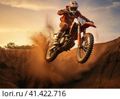 Motorcyclist jumping with a motorcycle in the mud. Стоковое AI-изображение, AI-художник Кирилл Черезов / Фотобанк Лори