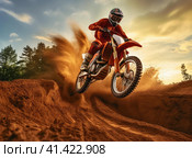 Motorcyclist jumping with a motorcycle in the mud. Стоковое AI-изображение, AI-художник Кирилл Черезов / Фотобанк Лори