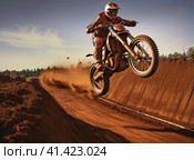 Motorcyclist jumping with a motorcycle in the mud. Стоковое AI-изображение, AI-художник Кирилл Черезов / Фотобанк Лори