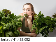 Young woman with a set of green Ingredients lettuce, spinach for a healthy diet. Стоковое фото, фотограф Ольга Коваленко / Фотобанк Лори