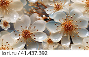 White glass flowers intallation on blue background. Interior wallpaper. Стоковое AI-изображение, AI-художник Anastaiya Lavrik / Фотобанк Лори