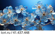 Blue glowing glass flowers intallation on blue background. Interior wallpaper. High quality photo. Стоковое AI-изображение, AI-художник Anastaiya Lavrik / Фотобанк Лори