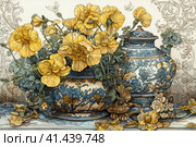Yellow Trollius still life, illustration, watercolor style, Generative AI. Стоковое AI-изображение, AI-художник Анна Кривицкая / Фотобанк Лори