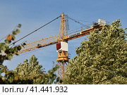 Moscow, Russia - Oct 11.2023. Fragment of Liebherr crane behind the trees. Редакционное фото, фотограф Володина Ольга / Фотобанк Лори