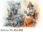 Witch and ghost spending time drinking tea together, watercolor illustration, watercolor style, Generative AI. Стоковое AI-изображение, AI-художник Анна Кривицкая / Фотобанк Лори