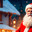 Santa with a sack of gifts in front of a festively decorated house and a Christmas tree. AI generated image. Стоковое AI-изображение, AI-художник Галина Царькова / Фотобанк Лори