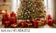Christmas tree indoors with many gifts around. AI generated image. Стоковое AI-изображение, AI-художник Галина Царькова / Фотобанк Лори