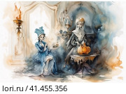Witch and ghost spending time drinking tea together, watercolor illustration, watercolor style, Generative AI. Стоковое AI-изображение, AI-художник Анна Кривицкая / Фотобанк Лори