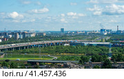 Panoramic landscape of the suburbs of St. Petersburg with residential neighborhoods and transport interchanges, aerial view (2023 год). Редакционное фото, фотограф Евгений Харитонов / Фотобанк Лори