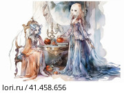 Witch and ghost spending time drinking tea together, watercolor illustration, watercolor style, Generative AI. Стоковое AI-изображение, AI-художник Анна Кривицкая / Фотобанк Лори