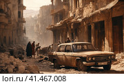 Refugees and displaced by war or a natural disaster walking through the streets of a destroyed city. Ruined demolition town. A city devastated by war and bombing. Middle east crisis. AI. Стоковое AI-изображение, AI-художник Sergey Grishin / Фотобанк Лори