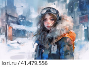 Post-apocalyptic girl in the middle of a city covered with  snow and ice around post-nuclear winter, watercolor style, Generative AI. Стоковое AI-изображение, AI-художник Анна Кривицкая / Фотобанк Лори