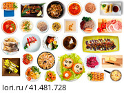 View of many plates with tasty food over white background. Стоковое фото, фотограф Яков Филимонов / Фотобанк Лори