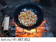 Приготовление мяса в большом казане на открытом огне. Стоковое фото, фотограф Евгения Колодкина / Фотобанк Лори
