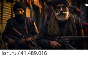 Soldiers in a turban with machine guns. Стоковое AI-изображение, AI-художник Кирилл Черезов / Фотобанк Лори