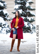 Young beautiful brunette woman in red coat posing on winter park. Стоковое фото, фотограф Андрей Аркуша / Фотобанк Лори