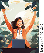 The girl is happy with the result achieved. Flat illustration. Generated by AI. Стоковое AI-изображение, AI-художник Ярославский Максим / Фотобанк Лори