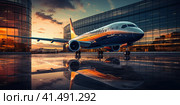A large silver airliner stands near the airport building in the rays of the evening sun. Generated by AI. Стоковое AI-изображение, AI-художник Ярославский Максим / Фотобанк Лори