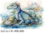 Water dragon splashes in the water against the backdrop of the sea and mountains, illustration, watercolor style, Generative AI. Стоковое AI-изображение, AI-художник Анна Кривицкая / Фотобанк Лори
