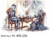 Witch and ghost spending time drinking tea together, watercolor illustration, watercolor style, Generative AI. Стоковое AI-изображение, AI-художник Анна Кривицкая / Фотобанк Лори