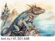 Water dragon splashes in the water against the backdrop of the sea and mountains, illustration, watercolor style, Generative AI. Стоковое AI-изображение, AI-художник Анна Кривицкая / Фотобанк Лори