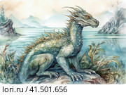 Water dragon splashes in the water against the backdrop of the sea and mountains, illustration, watercolor style, Generative AI. Стоковое AI-изображение, AI-художник Анна Кривицкая / Фотобанк Лори