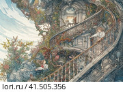 Girl on a fabulous spiral staircase in an old mansion, watercolor style, Generative AI. Стоковое AI-изображение, AI-художник Анна Кривицкая / Фотобанк Лори