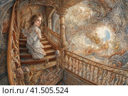 Girl on a fabulous spiral staircase in an old mansion, watercolor style, Generative AI. Стоковое AI-изображение, AI-художник Анна Кривицкая / Фотобанк Лори