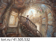 Girl on a fabulous spiral staircase in an old mansion, watercolor style, Generative AI. Стоковое AI-изображение, AI-художник Анна Кривицкая / Фотобанк Лори