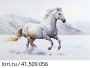 Beautiful running white horse on a light background, watercolor style, Generative AI. Стоковое AI-изображение, AI-художник Анна Кривицкая / Фотобанк Лори