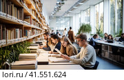 University Library with Shelves of Books and Readers. Стоковое AI-изображение, AI-художник Кирилл Черезов / Фотобанк Лори