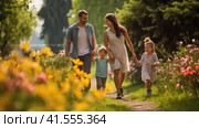 A family with children walks in the park. Стоковое AI-изображение, AI-художник Кирилл Черезов / Фотобанк Лори