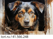 Dog in an animal shelter watercolor , Generative AI. Стоковое AI-изображение, AI-художник Анна Кривицкая / Фотобанк Лори