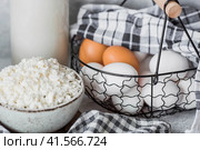 Fresh dairy products, milk, cottage cheese, eggs in stylish ceramic dishes on a gray background. The concept of natural, dietary nutrition. Useful products. Стоковое фото, фотограф Photojuli / Фотобанк Лори