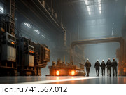 Futuristic Technology Concept: Team of Engineers and Professionals Workers in Heavy Industry Manufacturing Factory that is Digitalized with Graphics into Digital Twin of Industry 4.0 High Tech. AI. Стоковое AI-изображение, AI-художник Sergey Grishin / Фотобанк Лори