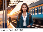 cheerful beautiful female on railway station perron at spring sunrise. Travelling and vacations concept.. AI. Стоковое AI-изображение, AI-художник Sergey Grishin / Фотобанк Лори