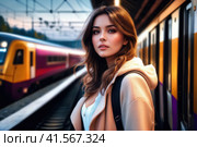 cheerful beautiful girl on railway station perron at autumn midnight. Travelling and vacations concept.. AI. Стоковое AI-изображение, AI-художник Sergey Grishin / Фотобанк Лори
