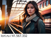 positive beautiful woman on railway station perron at spring daybreak. Travelling and vacations concept.. AI. Стоковое AI-изображение, AI-художник Sergey Grishin / Фотобанк Лори