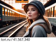 optimistic beautiful woman on railway station perron at winter late morning. Travelling and vacations concept.. AI. Стоковое AI-изображение, AI-художник Sergey Grishin / Фотобанк Лори