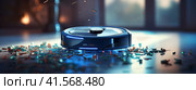 Futuristic robot vacuum cleaner with innovative controls removes dust on the floor. Generated by AI. Стоковое AI-изображение, AI-художник Ярославский Максим / Фотобанк Лори