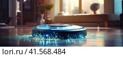 Futuristic robot vacuum cleaner with innovative controls removes dust on the floor. Generated by AI. Стоковое AI-изображение, AI-художник Ярославский Максим / Фотобанк Лори