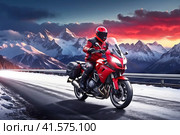 A motorcyclist rushes along a deserted night highway among the mountains. Стоковое AI-изображение, AI-художник Сергей Елизарьев / Фотобанк Лори