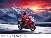 A motorcyclist rushes along a deserted night highway among the mountains. Стоковое AI-изображение, AI-художник Сергей Елизарьев / Фотобанк Лори