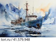 Ship among the ice, watercolor, Generative AI. Стоковое AI-изображение, AI-художник Анна Кривицкая / Фотобанк Лори