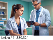 Pathologist conducts the patient reception in the hospital. adolescent petite beautiful girl with shaved hairs take consult from medical specialist. Healthcare and wellness concept.. AI. Стоковое AI-изображение, AI-художник Sergey Grishin / Фотобанк Лори