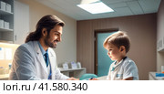 Allergist conducts the patient reception in the hospital. baby short boy with long hairs take consult from medical specialist. Healthcare and wellness concept.. AI. Стоковое AI-изображение, AI-художник Sergey Grishin / Фотобанк Лори