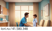 Allergist conducts the patient reception in the hospital. child slender boy with medium hairs take consult from medical specialist. Healthcare and wellness concept.. AI. Стоковое AI-изображение, AI-художник Sergey Grishin / Фотобанк Лори